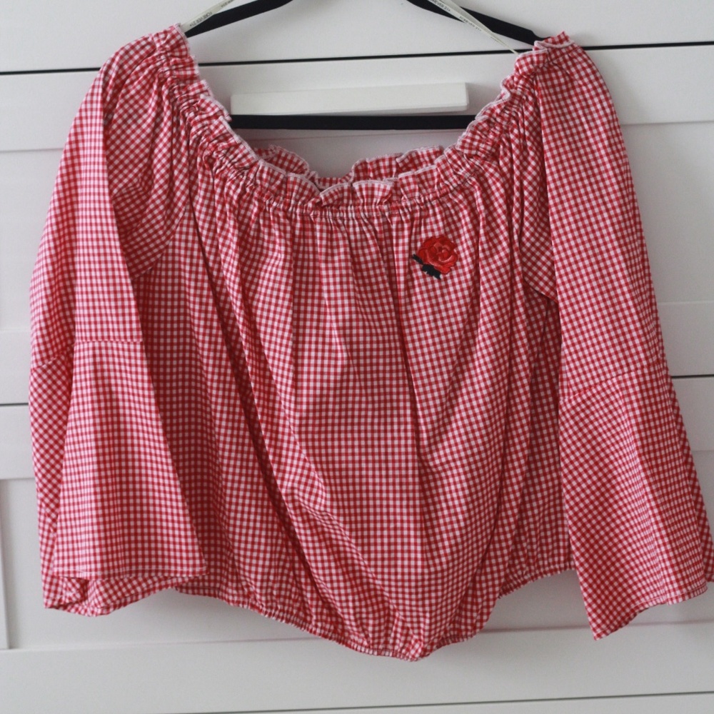 Checkered Cropped Off the Shoulder  Shirt